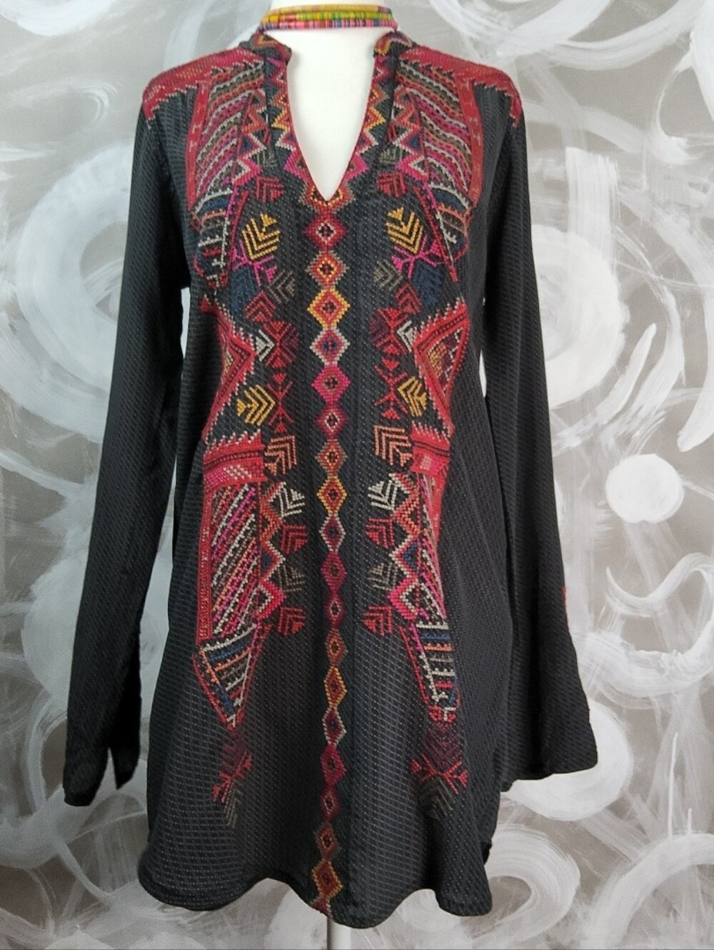 JOHNNY WAS Wmns XS Silk Embroidered Lng Slv Tunic Top Blouse Drk Gray BohemeCore